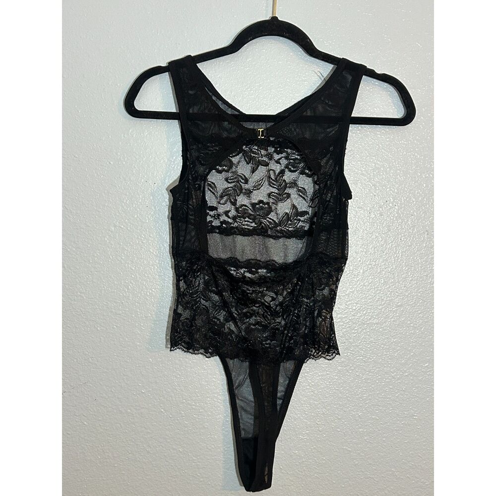 Black Cutout Floral Lace and Mesh Lingerie Bodysuit